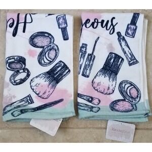 2-Kassafina "Hello Gorgeous" Hand Towel Makeup Lipstick Beauty Mint Green‎ NEW